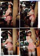 A woman in a pink and white dress is posing for a picture.